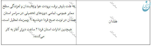 (جدول) وضعیت تعطیلی مدارس، ادارات و دانشگاه ها در کل کشور