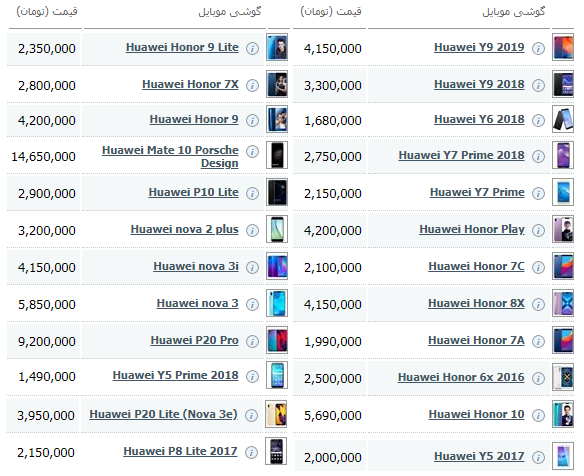 قیمت انواع گوشی هواوی 9 آذر 97