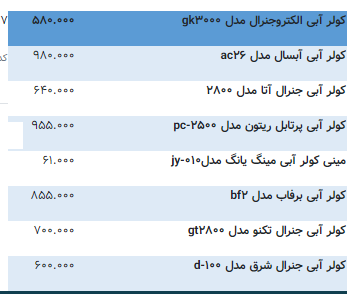 قیمت انواع کولرآبی 11 تیر 98