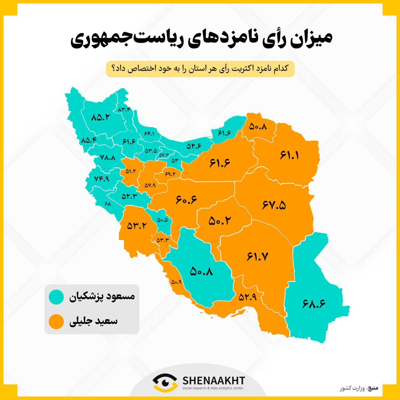 استان‌های طرفدار پزشکیان و جلیلی در انتخابات ۱۴۰۳ مشخص شد +نقشه