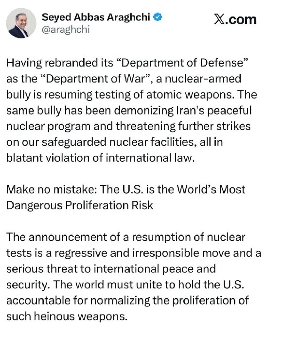 واکنش عراقچی به دستور ترامپ برای از سرگیری آزمایش سلاحهای هستهای واکنش عراقچی به دستور ترامپ برای از سرگیری آزمایش سلاحهای هستهای